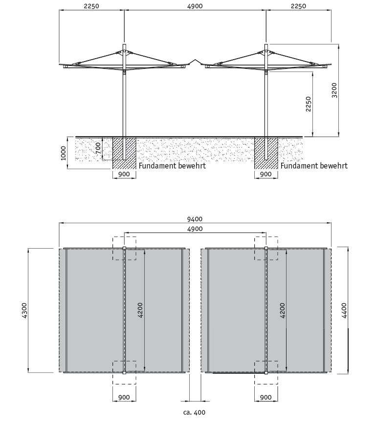 Technische Zeichnung - Überdachung IMPERIA - doppelseitig
